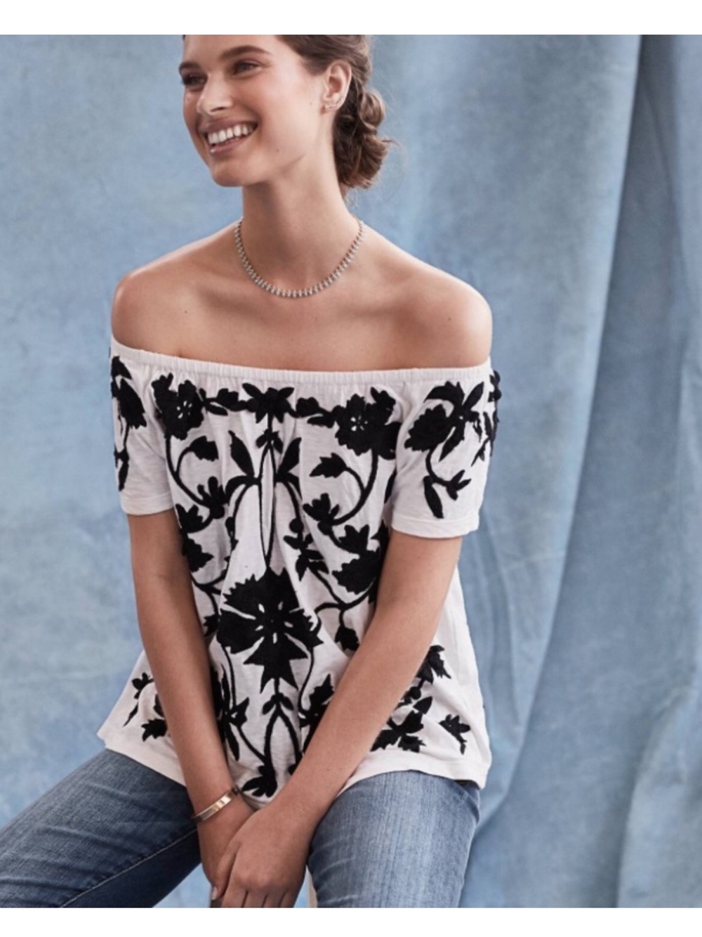 Anthropologie Akemi + Kin embroidered off shoulder swing top blouse black white